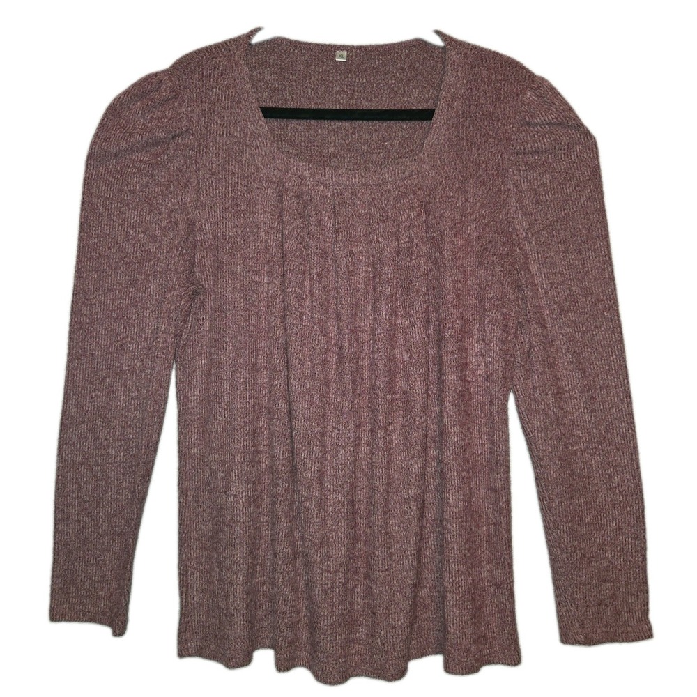 Mauve/Rose Heathered Knit Blouse XL Boho Long Sleeve Ribbed Top Puff Shoulders